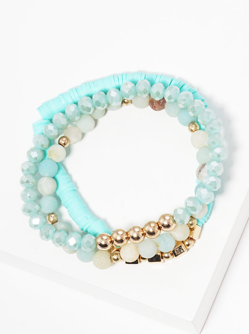 Set Of 3 Semi-precious Natural Stone Rubber Beads Tri Rows Stackable Stretch Bracelet