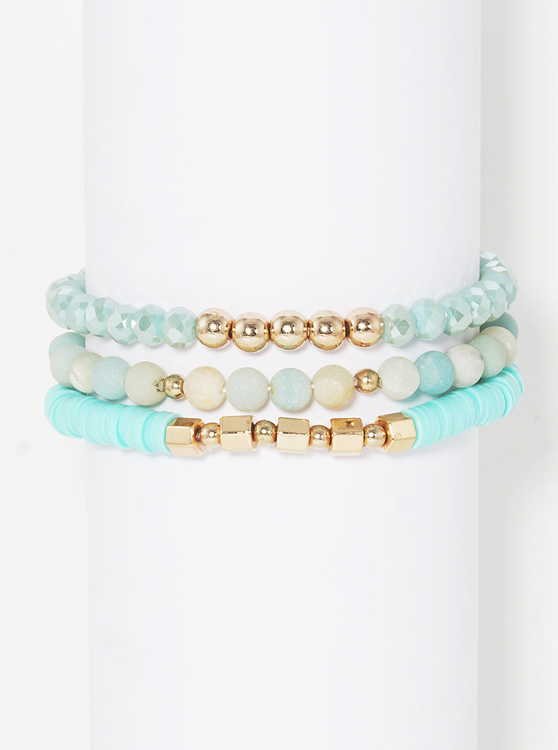 Set Of 3 Semi-precious Natural Stone Rubber Beads Tri Rows Stackable Stretch Bracelet
