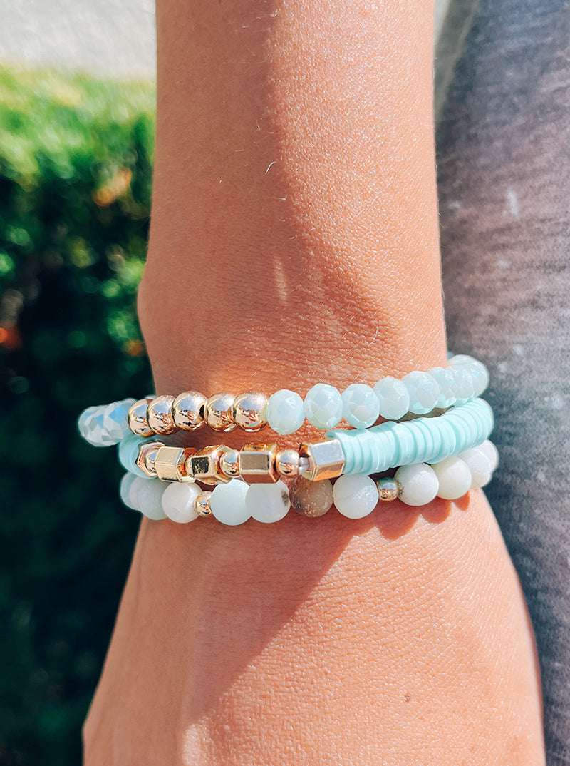 Set Of 3 Semi-precious Natural Stone Rubber Beads Tri Rows Stackable Stretch Bracelet
