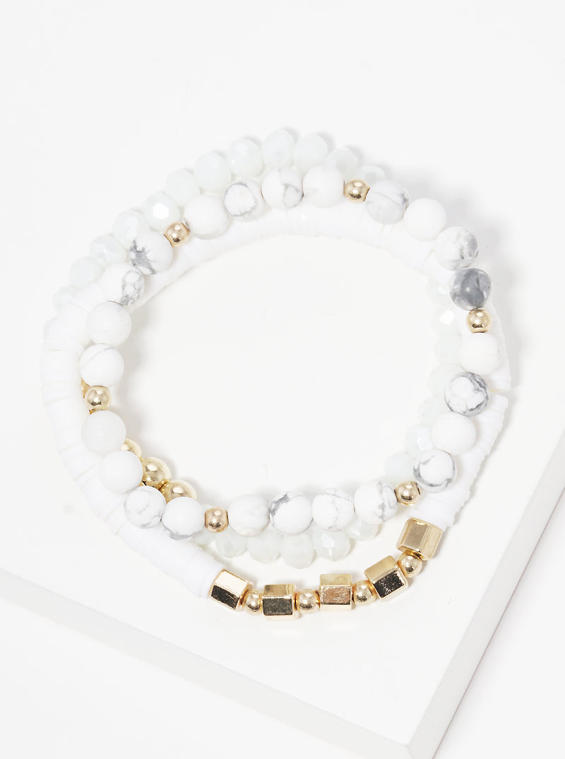 Set Of 3 Semi-precious Natural Stone Rubber Beads Tri Rows Stackable Stretch Bracelet