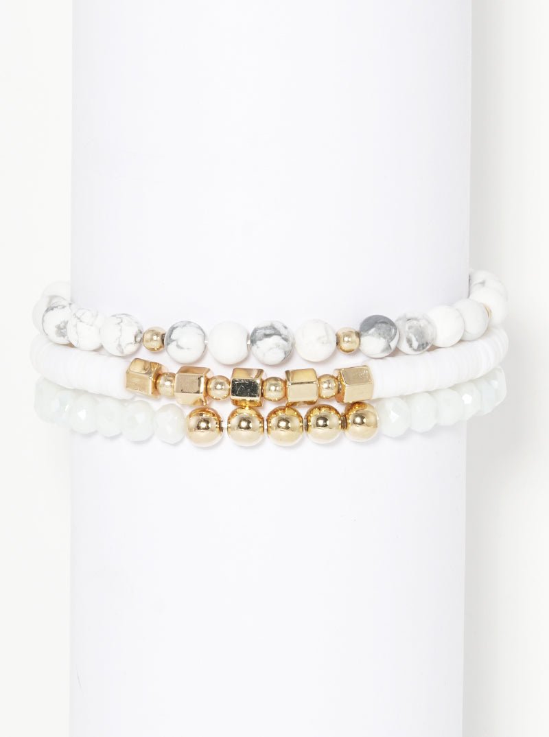 Set Of 3 Semi-precious Natural Stone Rubber Beads Tri Rows Stackable Stretch Bracelet