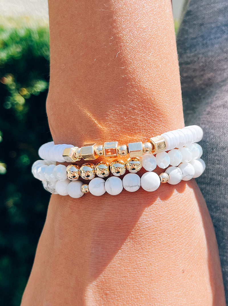 Set Of 3 Semi-precious Natural Stone Rubber Beads Tri Rows Stackable Stretch Bracelet