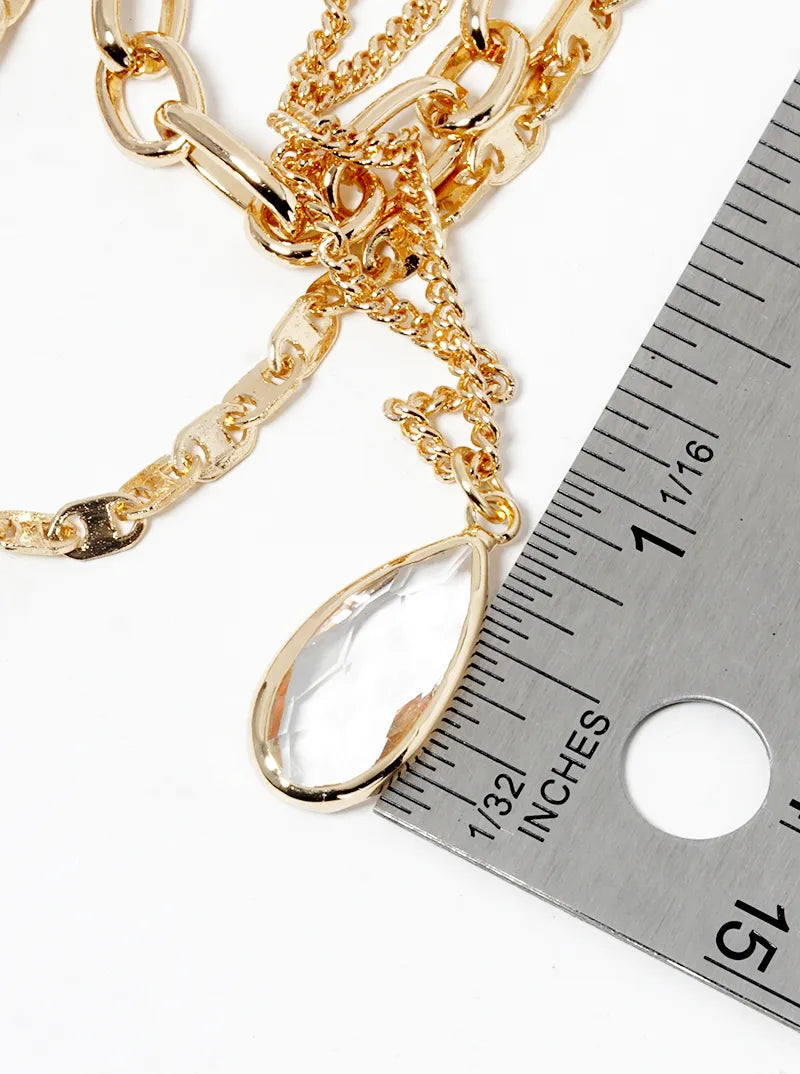 Set Of 3 Teardrop Crystal Pendant Layered Multi Chain Necklace