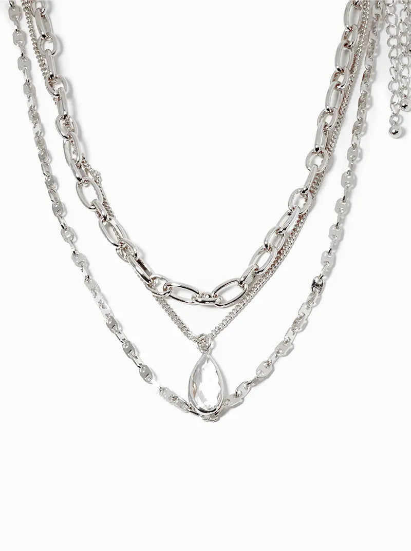 Set Of 3 Teardrop Crystal Pendant Layered Multi Chain Necklace