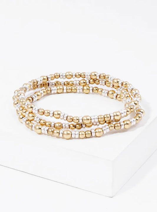 Set Of 3 Two-tone Metallic Bead Stackable Stretch Bracelet