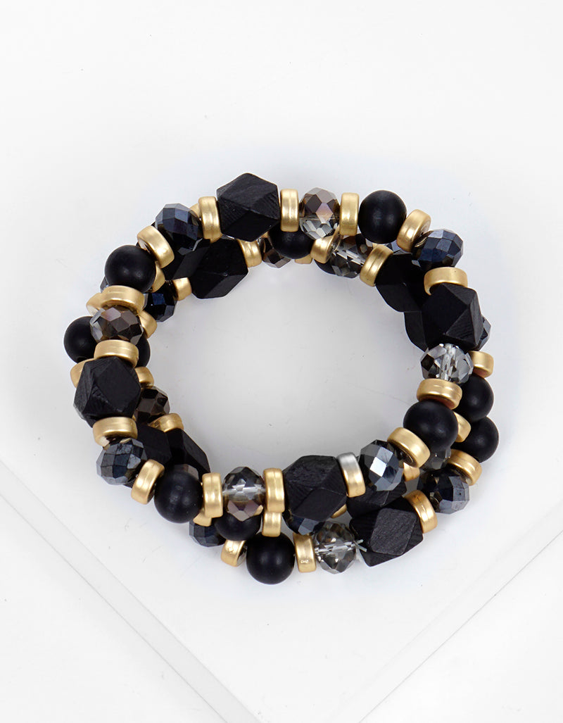 Set Of 3 Wood And Glass Beads Stretch Stackable Bracelet