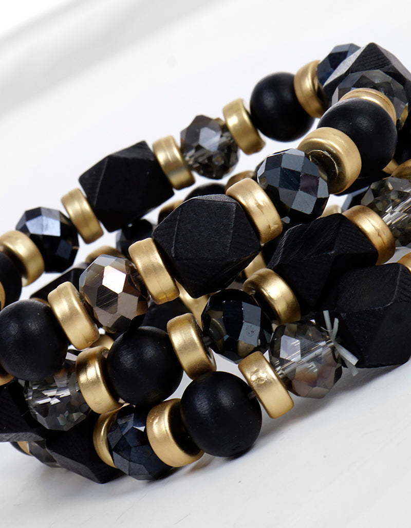 Set Of 3 Wood And Glass Beads Stretch Stackable Bracelet