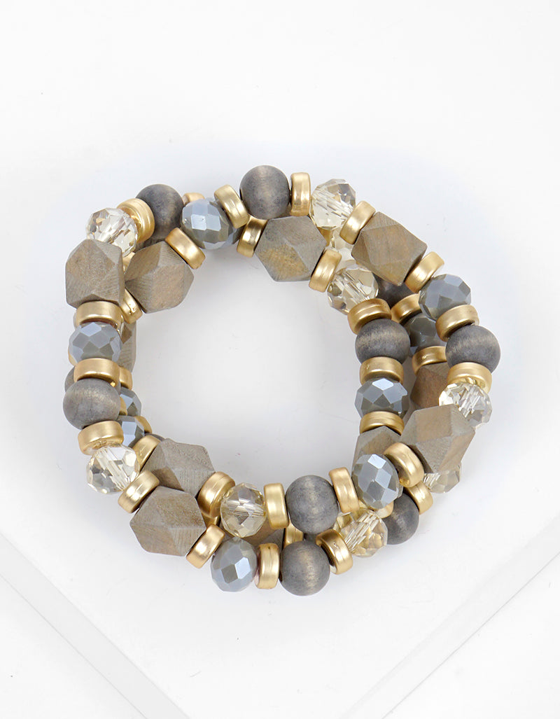 Set Of 3 Wood And Glass Beads Stretch Stackable Bracelet