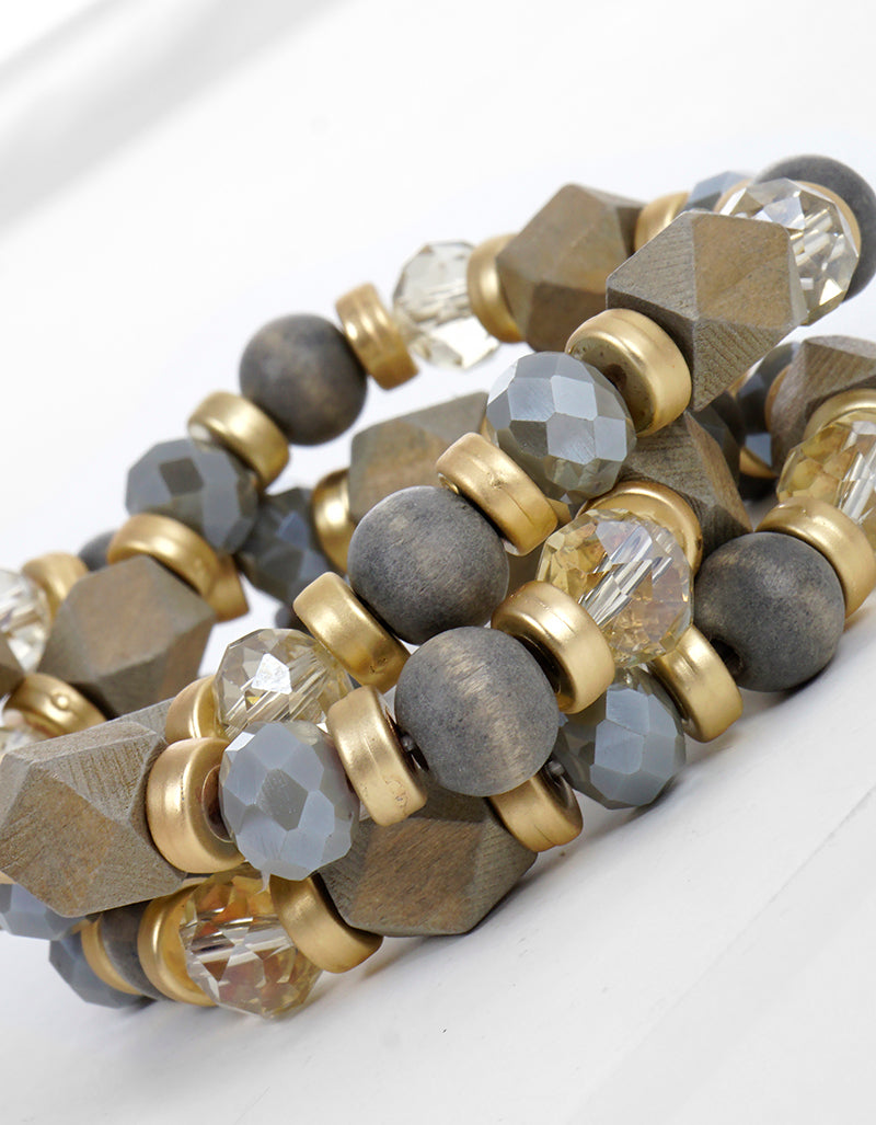 Set Of 3 Wood And Glass Beads Stretch Stackable Bracelet