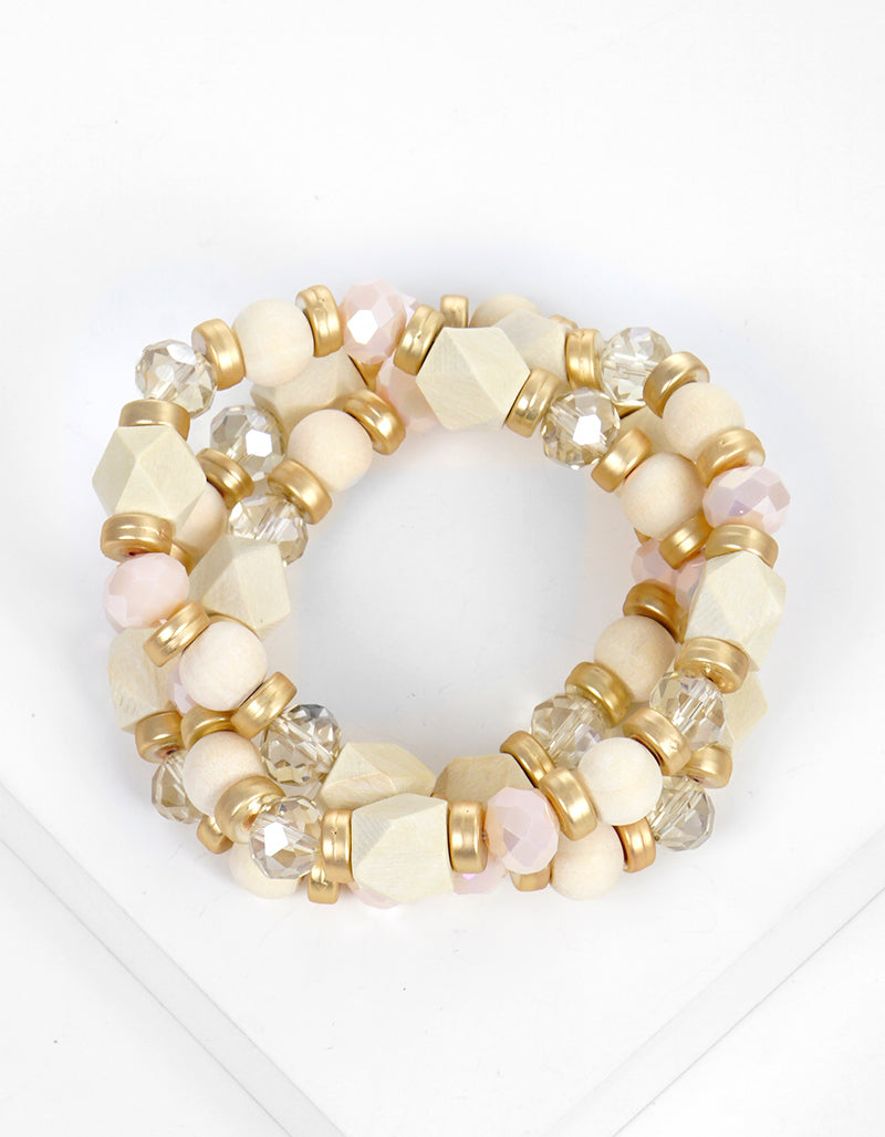 Set Of 3 Wood And Glass Beads Stretch Stackable Bracelet