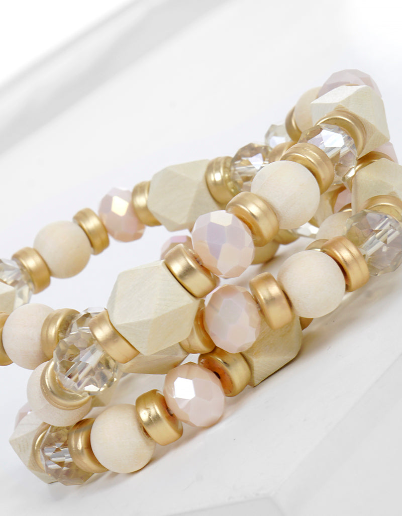 Set Of 3 Wood And Glass Beads Stretch Stackable Bracelet