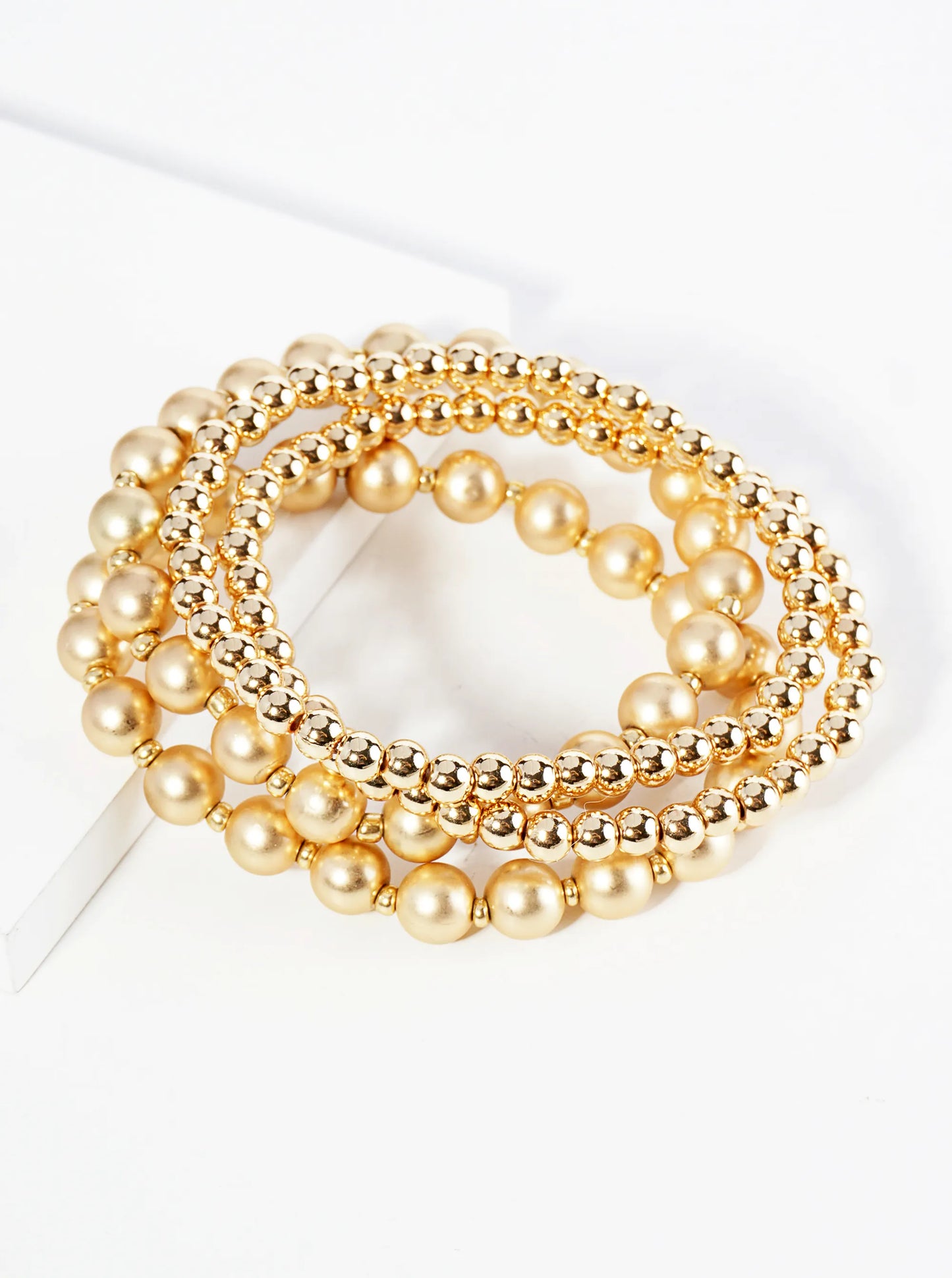 Set Of 4 3mm 5mm Metallic Ball Beads Stackable Stretch Bracelet