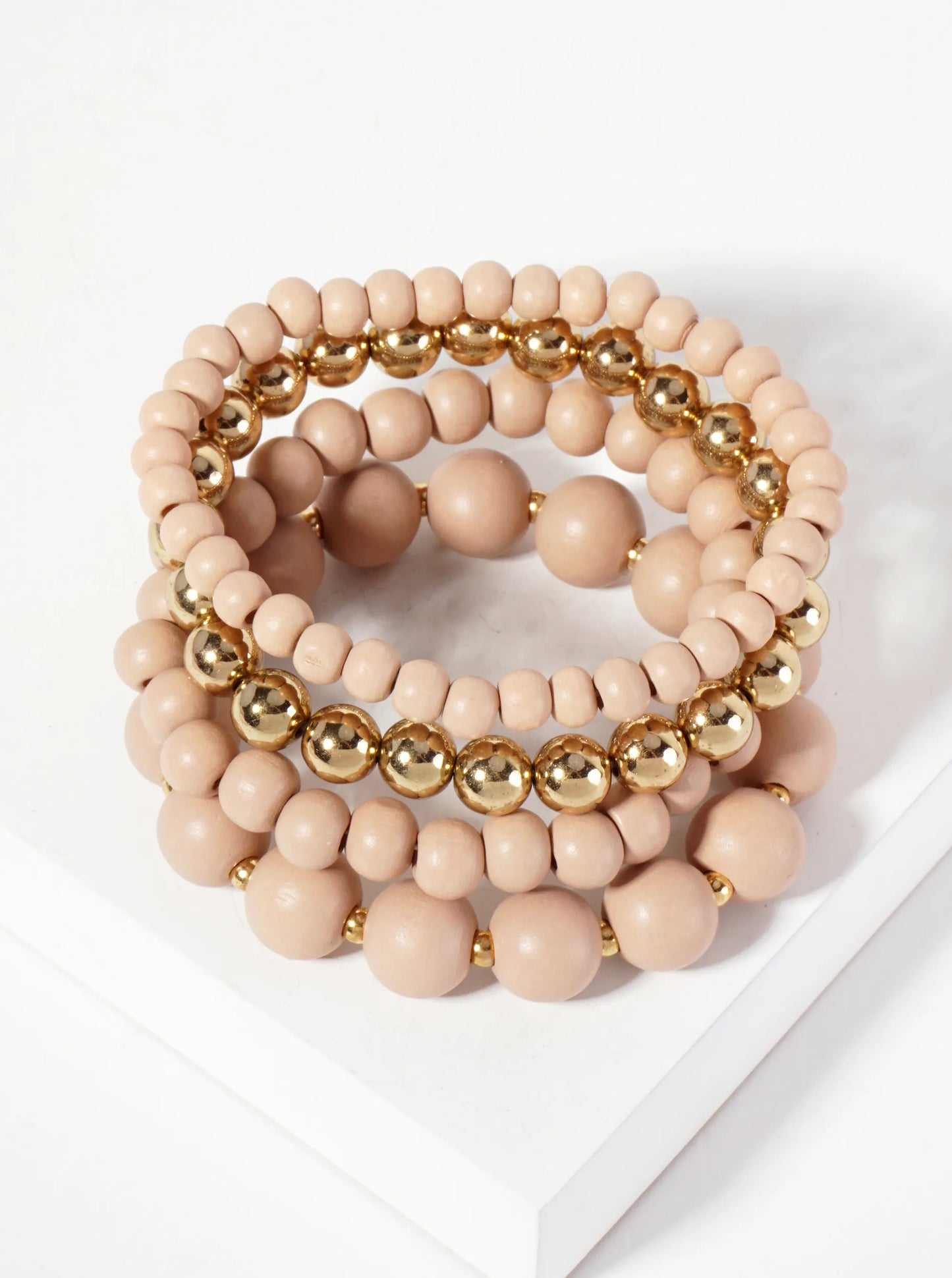 Set-of-4 6-12mm Wood And Metallic-Beads Stackable Stretch Bracelet