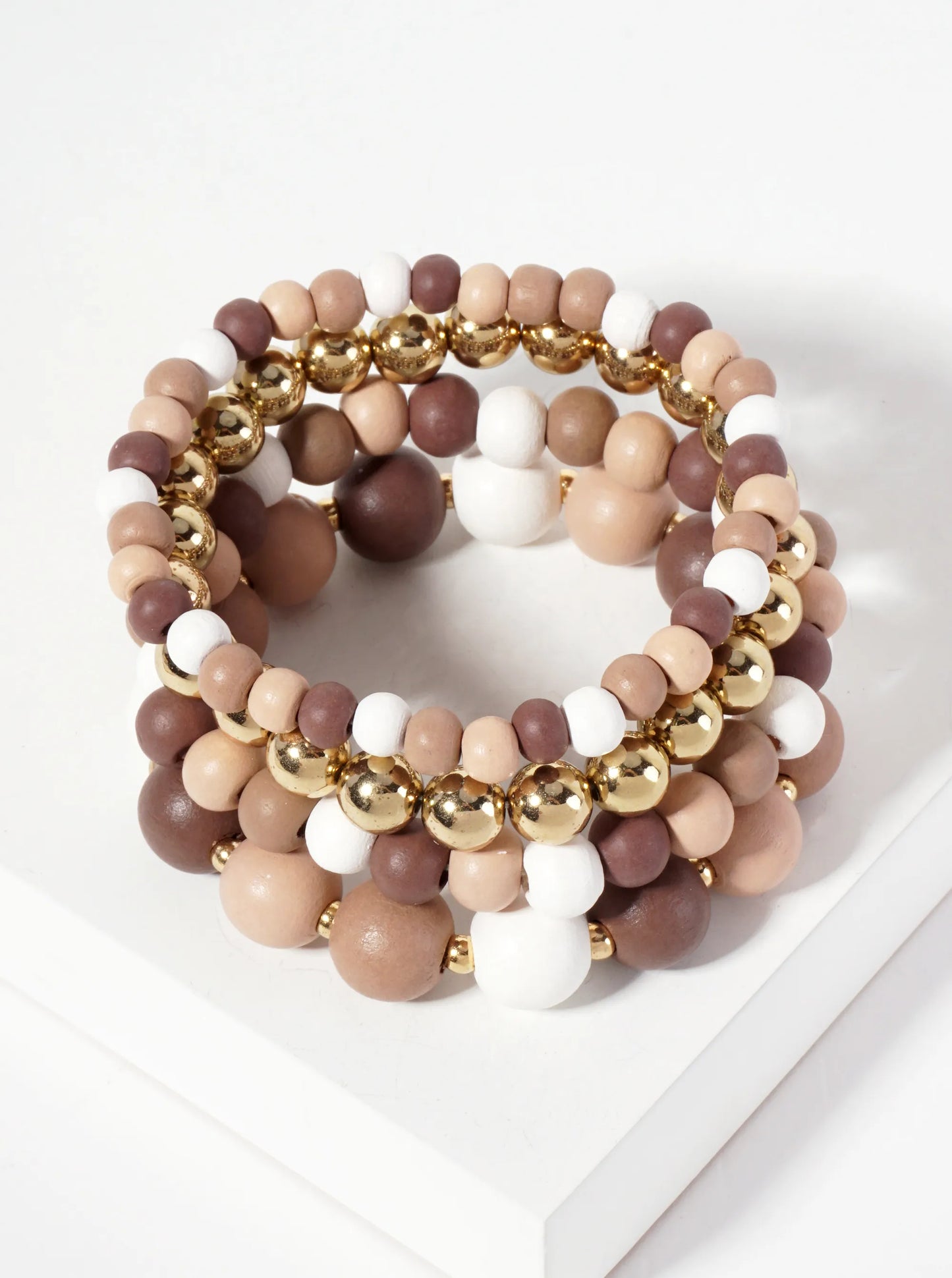 Set-of-4 6-12mm Wood And Metallic-Beads Stackable Stretch Bracelet