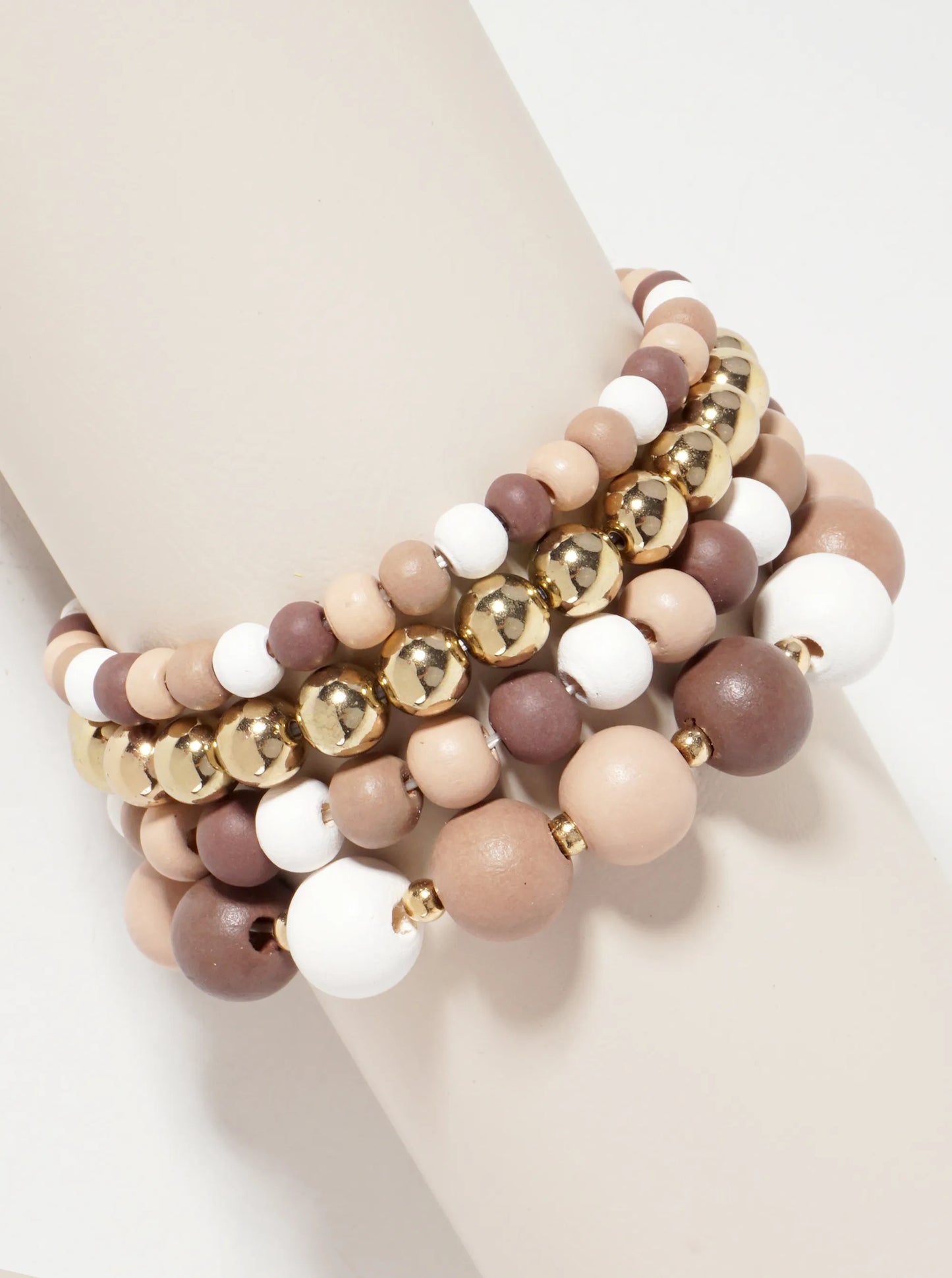Set-of-4 6-12mm Wood And Metallic-Beads Stackable Stretch Bracelet