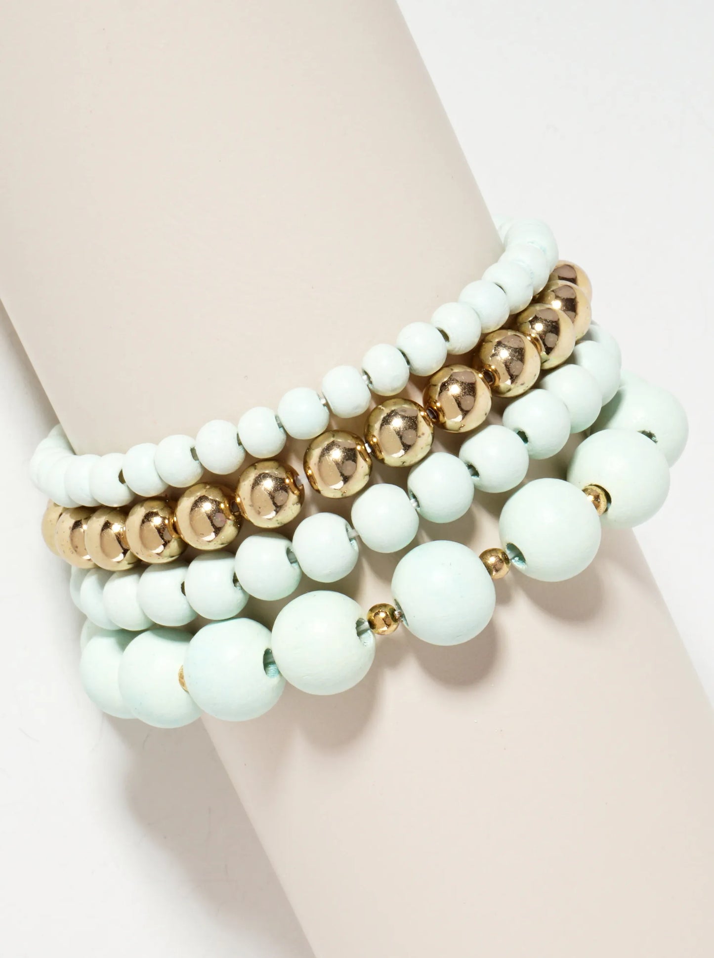 Set-of-4 6-12mm Wood And Metallic-Beads Stackable Stretch Bracelet