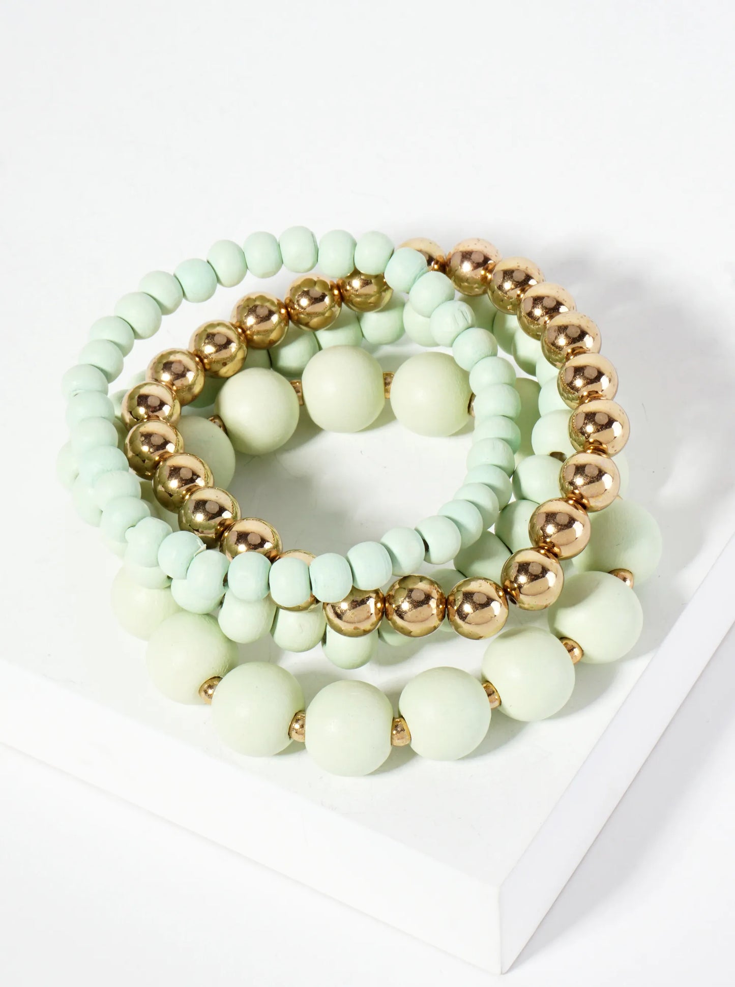 Set-of-4 6-12mm Wood And Metallic-Beads Stackable Stretch Bracelet