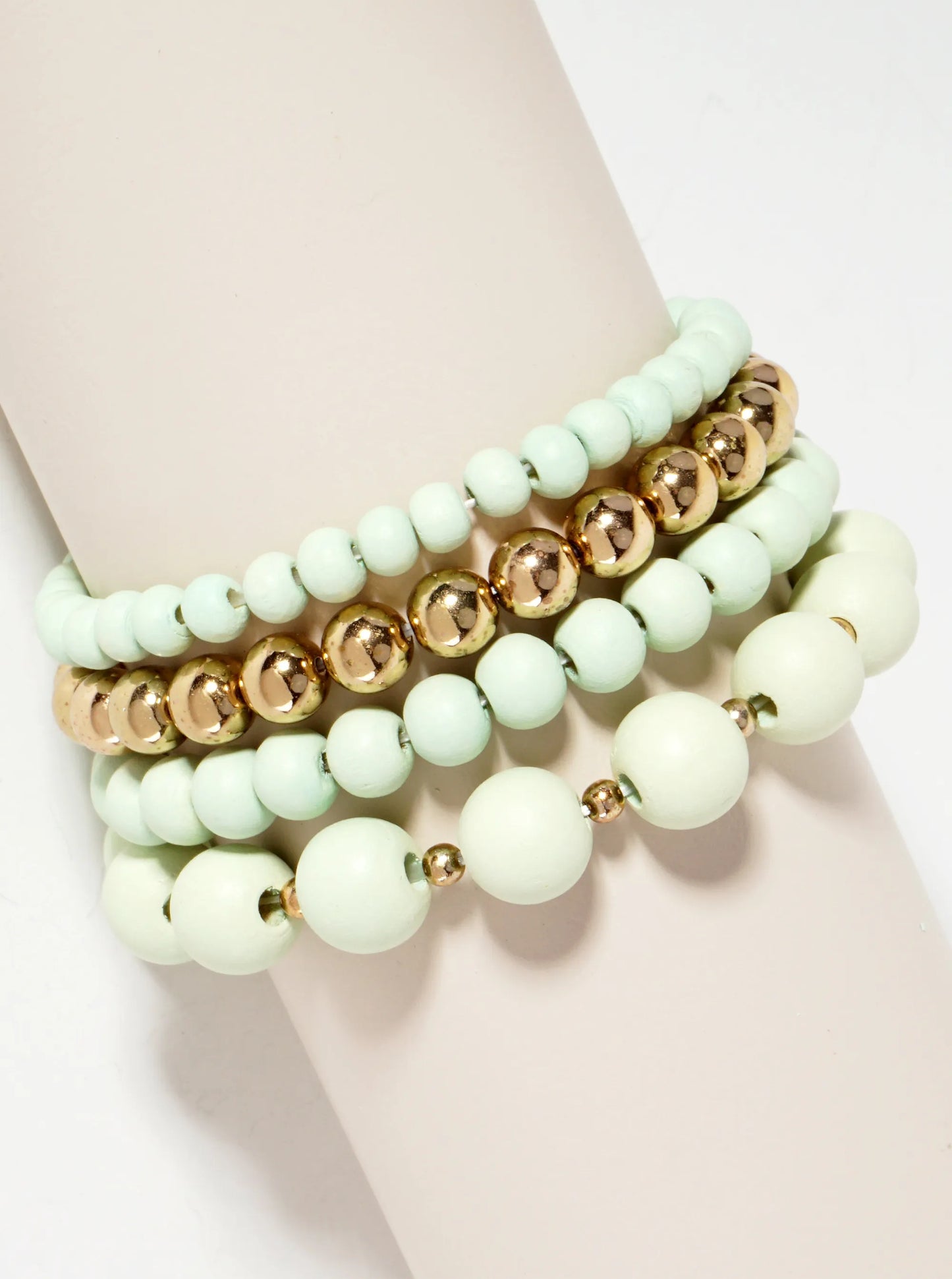 Set-of-4 6-12mm Wood And Metallic-Beads Stackable Stretch Bracelet