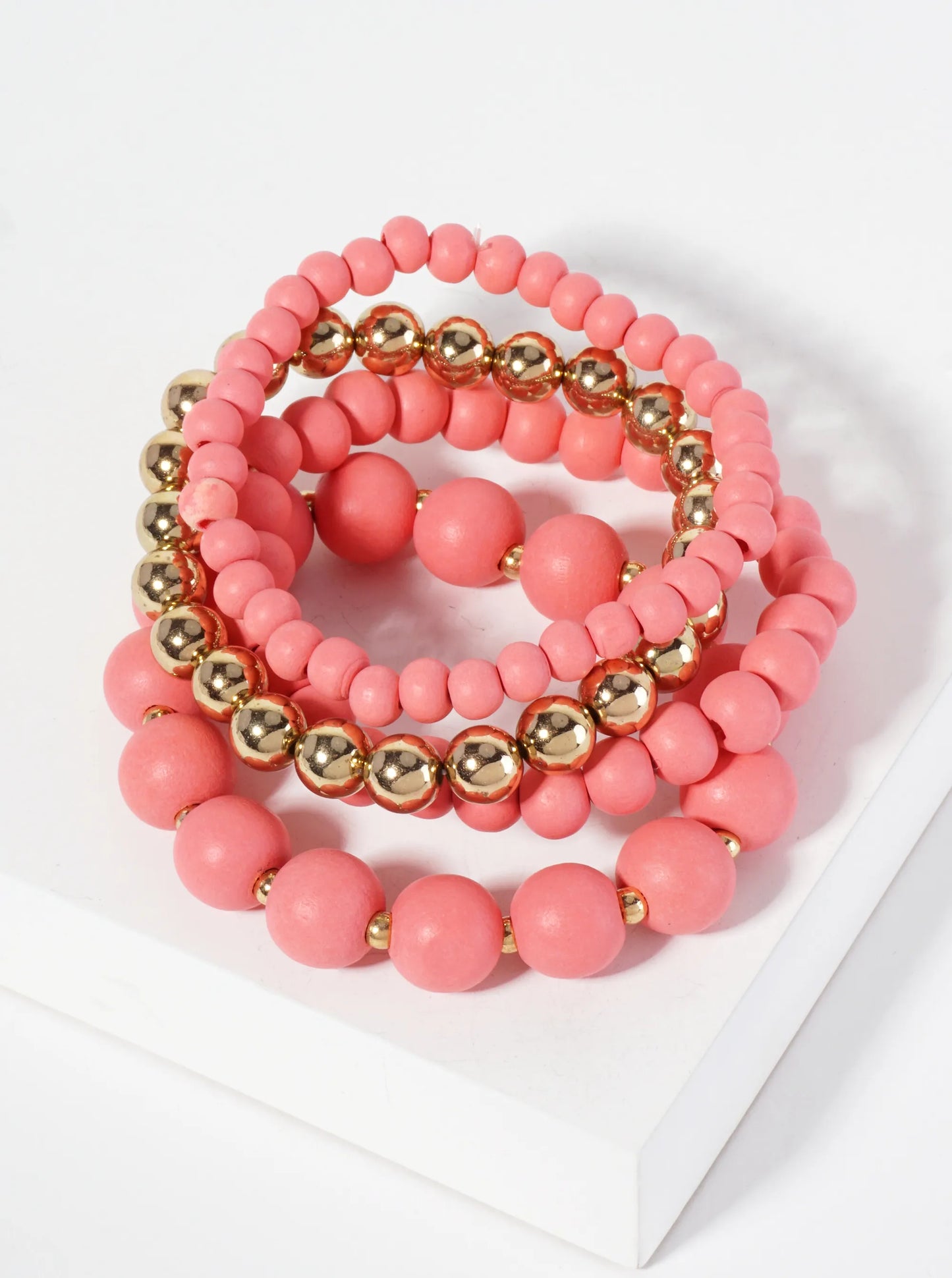 Set-of-4 6-12mm Wood And Metallic-Beads Stackable Stretch Bracelet