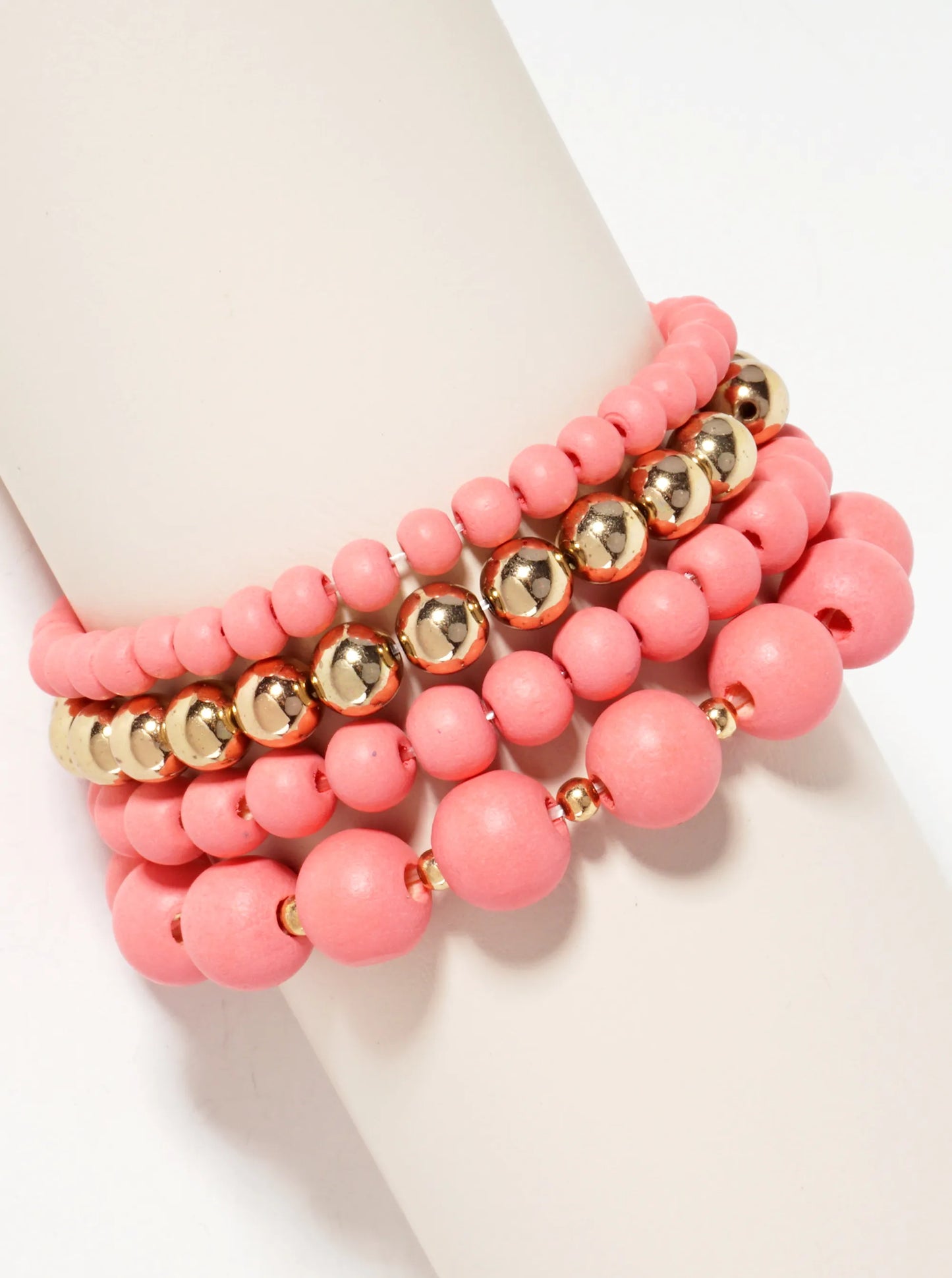 Set-of-4 6-12mm Wood And Metallic-Beads Stackable Stretch Bracelet