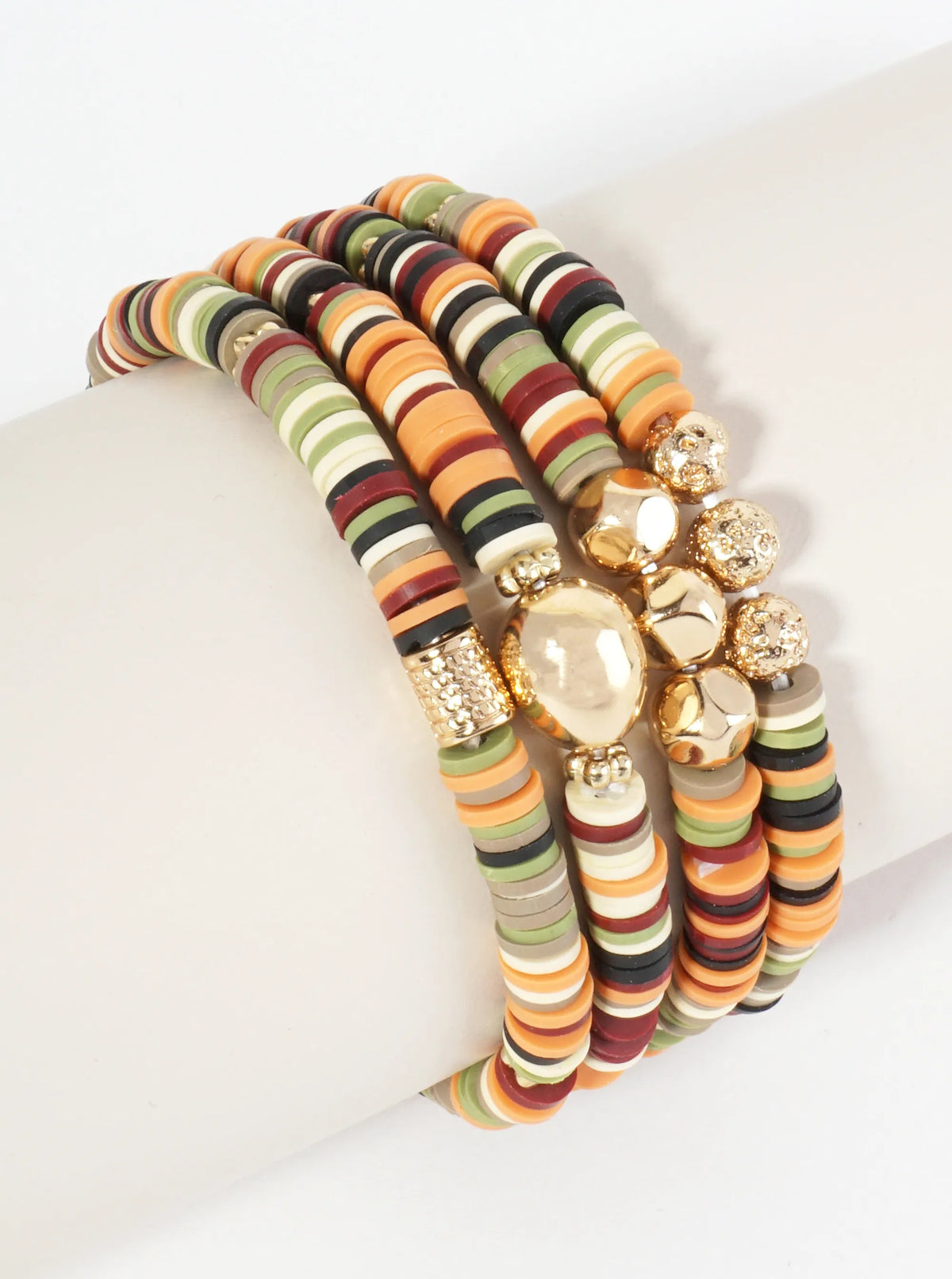 Set Of 4 Heishi Bead And Textured Metal Charm Stackable Stretch Bracelets