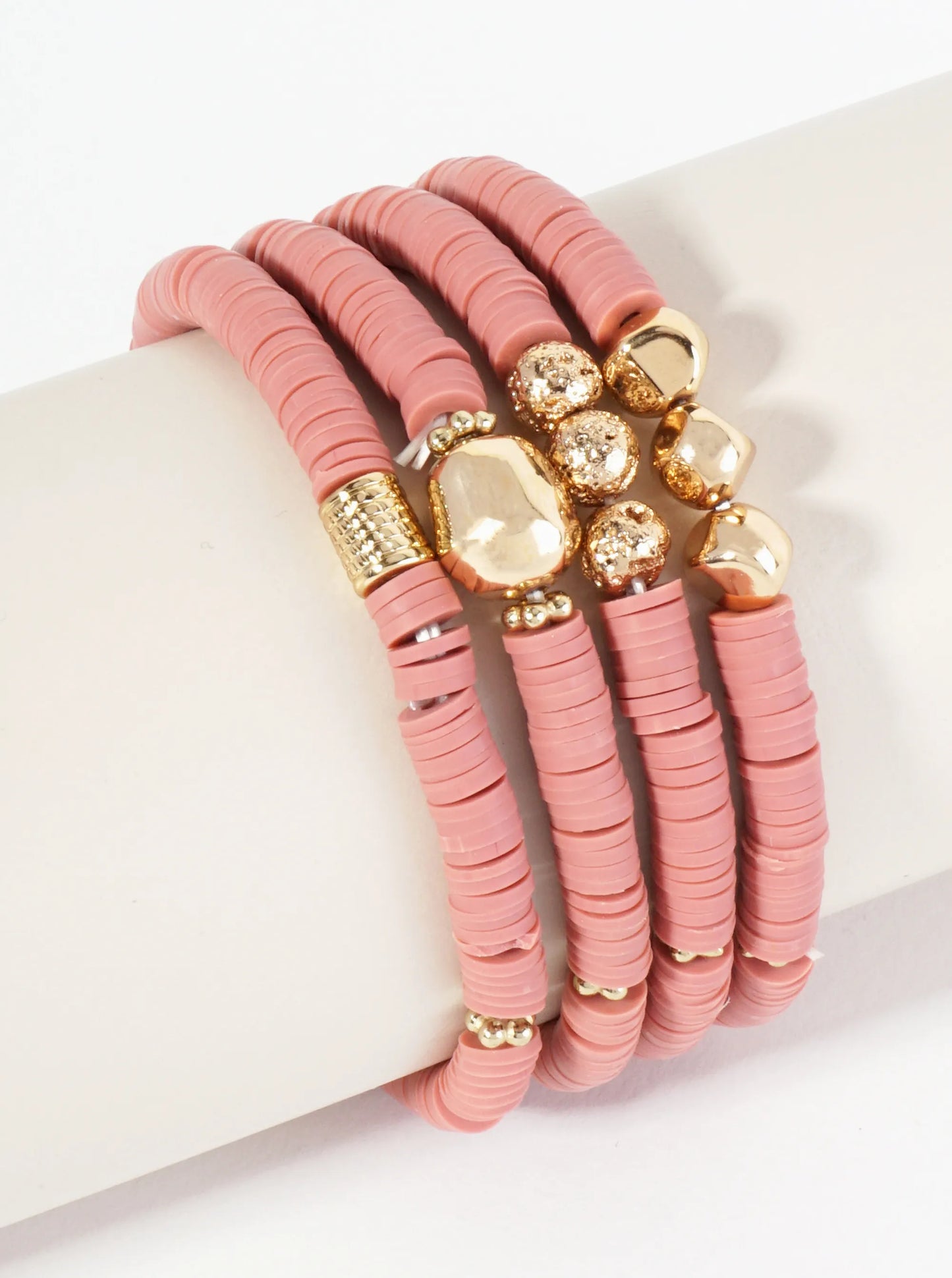 Set Of 4 Heishi Bead And Textured Metal Charm Stackable Stretch Bracelets