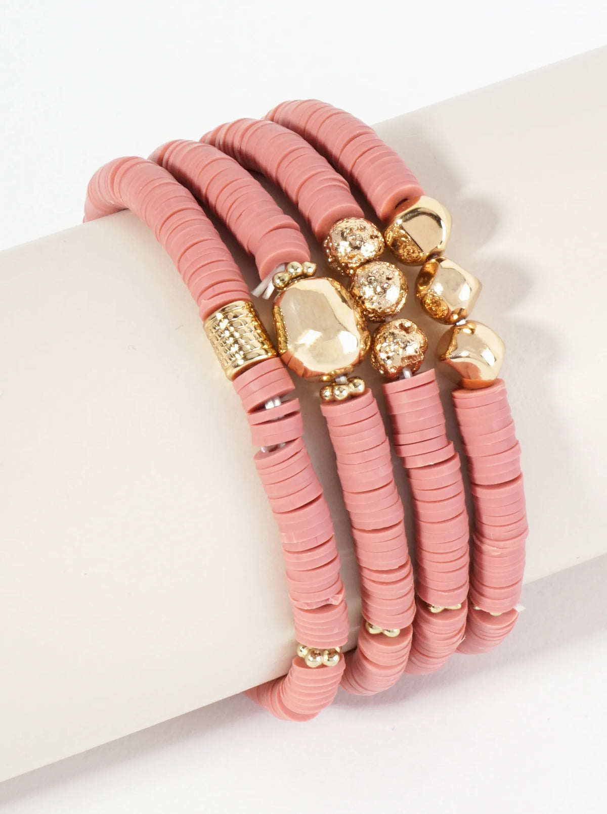 Set Of 4 Heishi Bead And Textured Metal Charm Stackable Stretch Bracelets