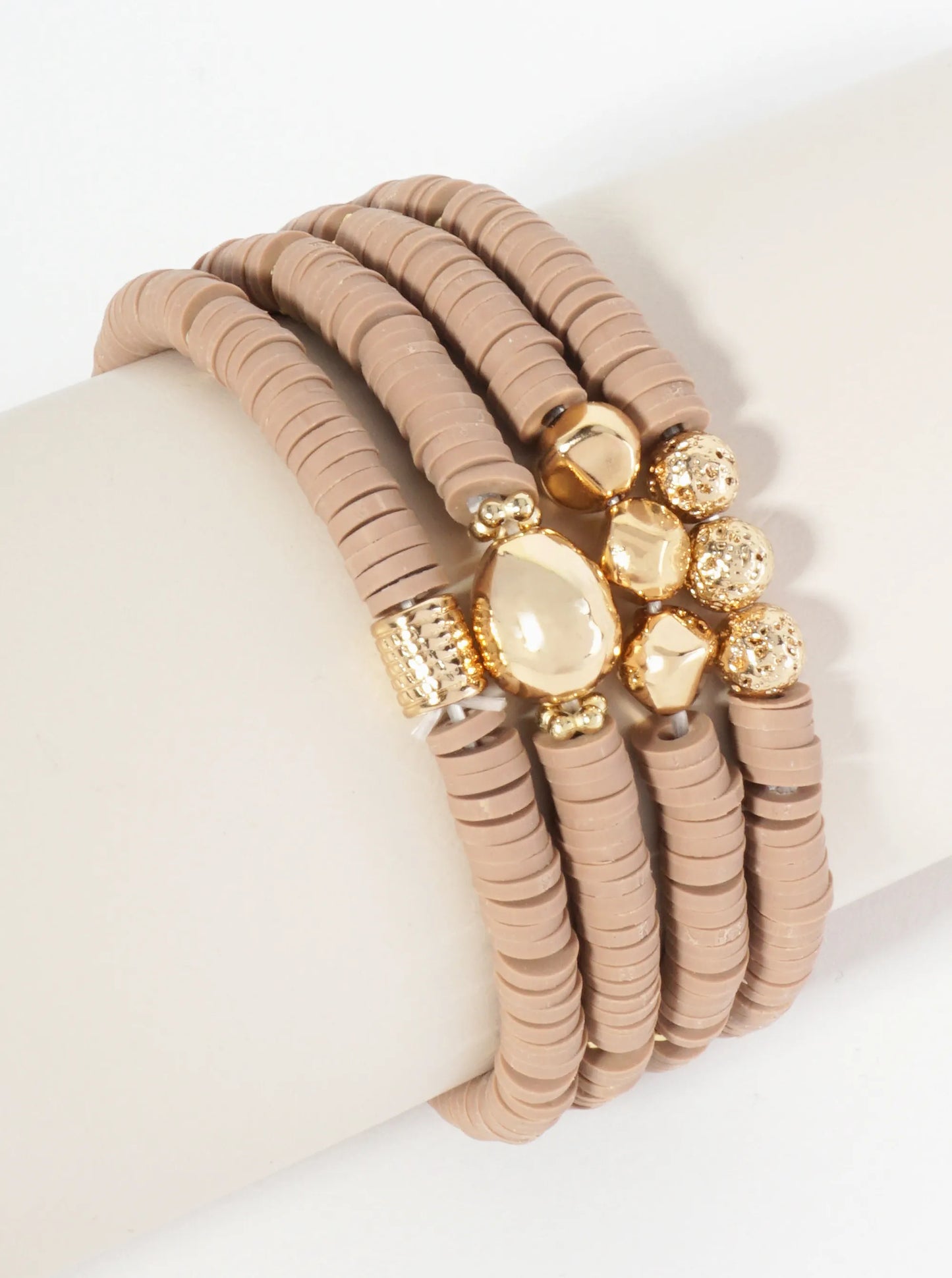 Set Of 4 Heishi Bead And Textured Metal Charm Stackable Stretch Bracelets