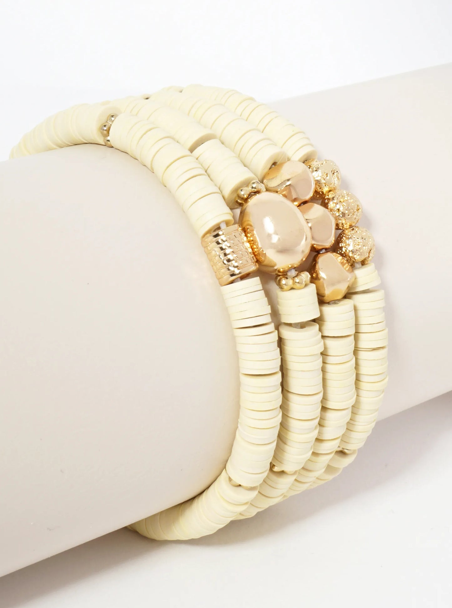 Set Of 4 Heishi Bead And Textured Metal Charm Stackable Stretch Bracelets