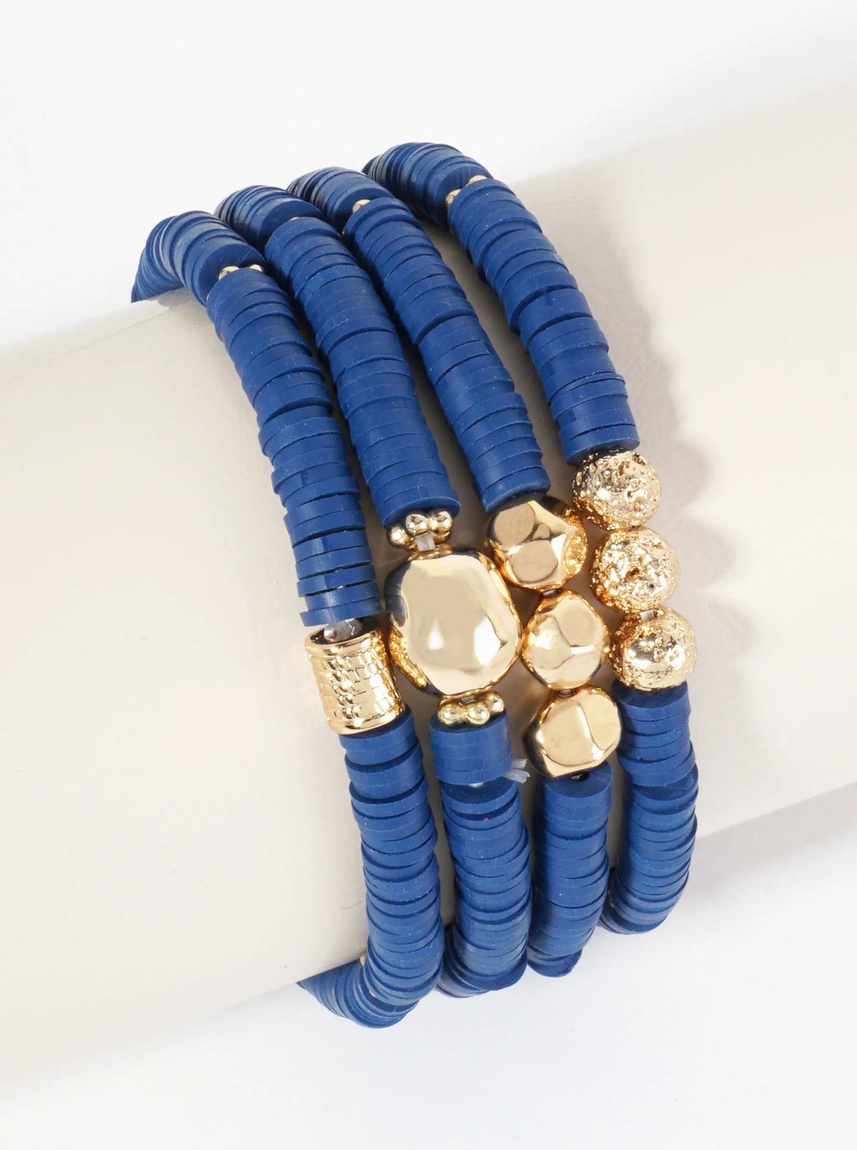 Set Of 4 Heishi Bead And Textured Metal Charm Stackable Stretch Bracelets