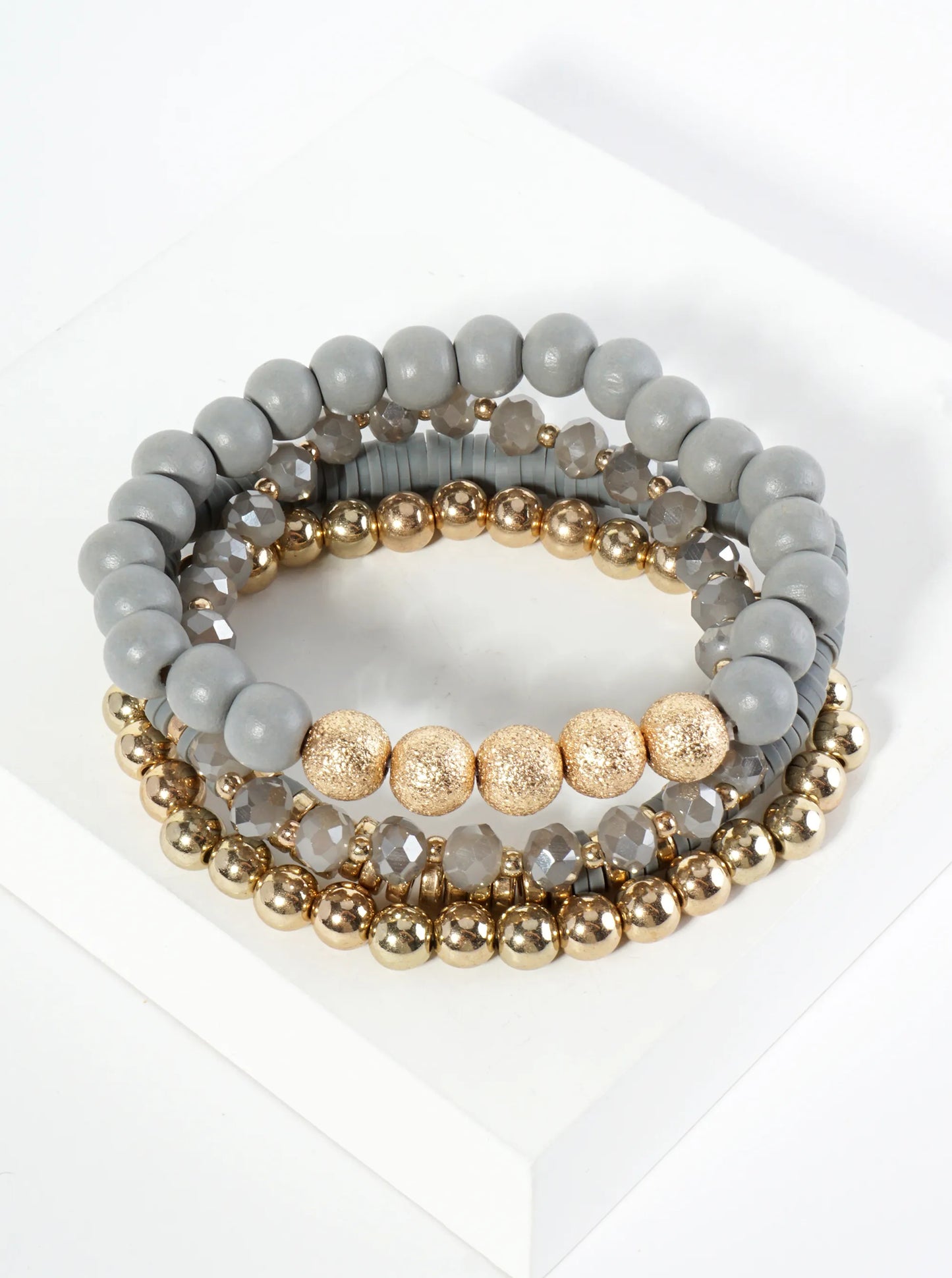 Set Of 4 Single-Tone Multi Beaded Stackable Stretch Bracelet