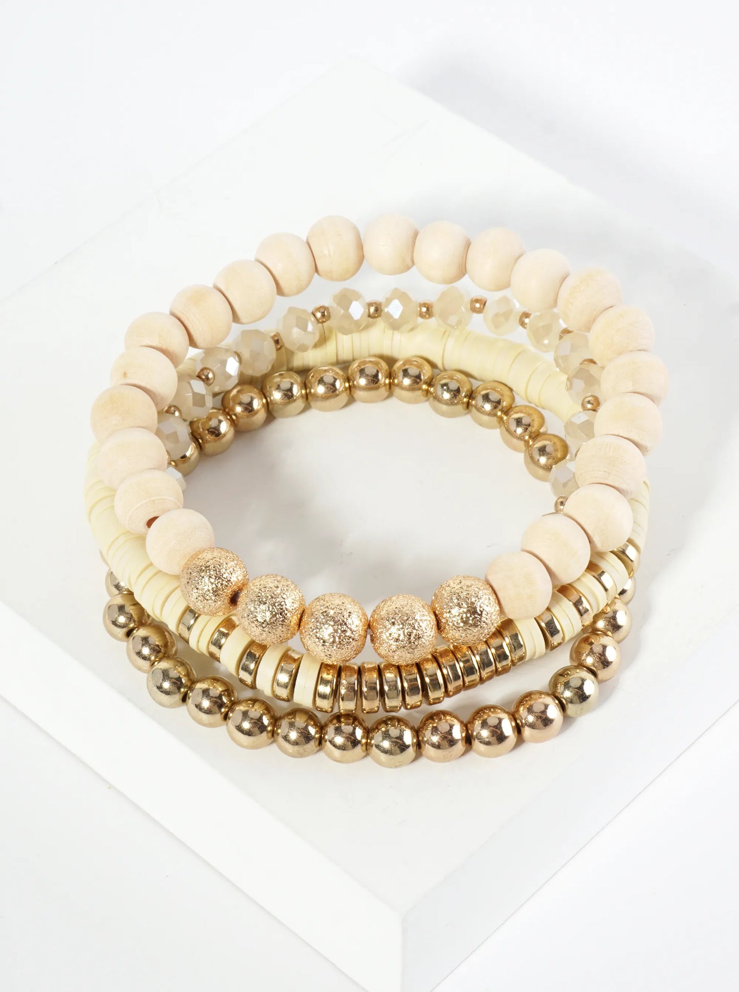 Set Of 4 Single-Tone Multi Beaded Stackable Stretch Bracelet