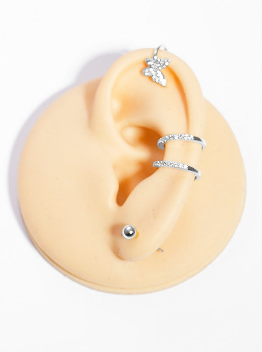 Set Of 4 White Gold Dipped Brass CZ Butterfly Ear Crawler With Ear Cuff And Huggie Hoop Earrings