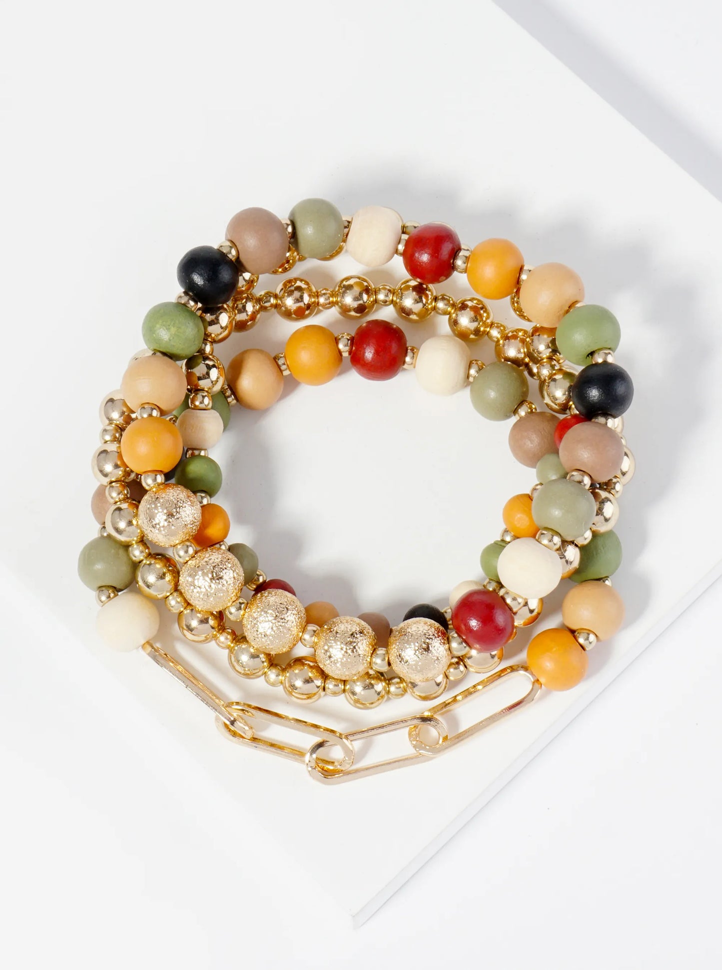 Set Of 4 Wood Beaded Stackable Stretch Bracelet