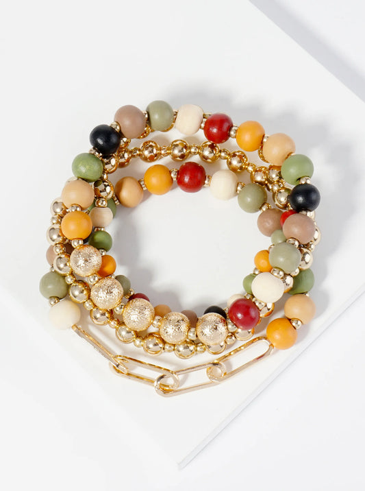 Set Of 4 Wood Beaded Stackable Stretch Bracelet
