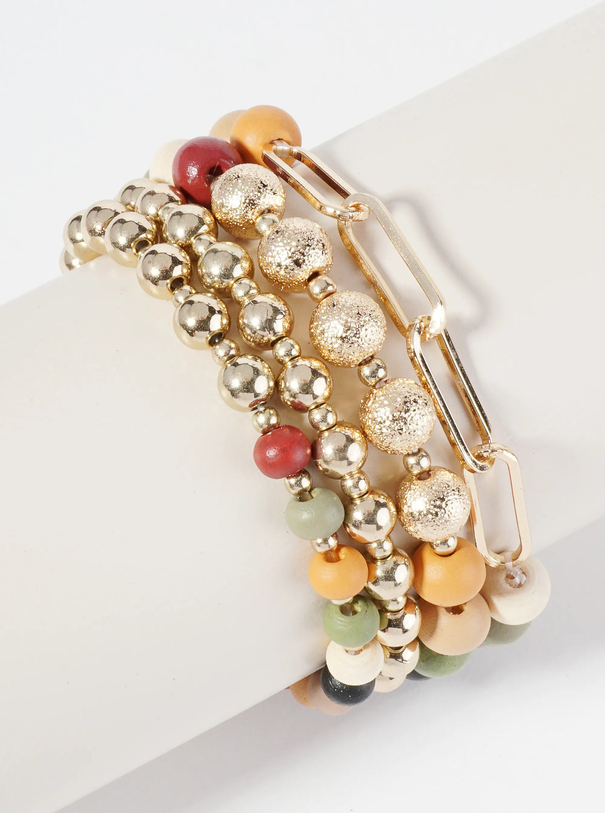 Set Of 4 Wood Beaded Stackable Stretch Bracelet