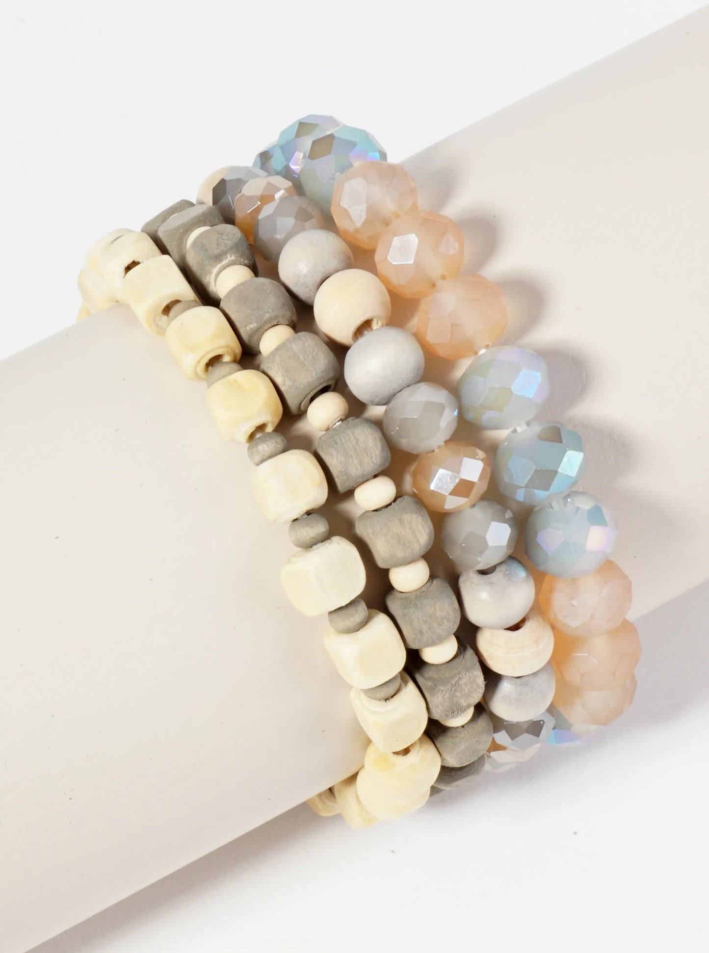 Set Of 4 Wood And Faceted Glass Beaded Stackable Stretch Bracelet