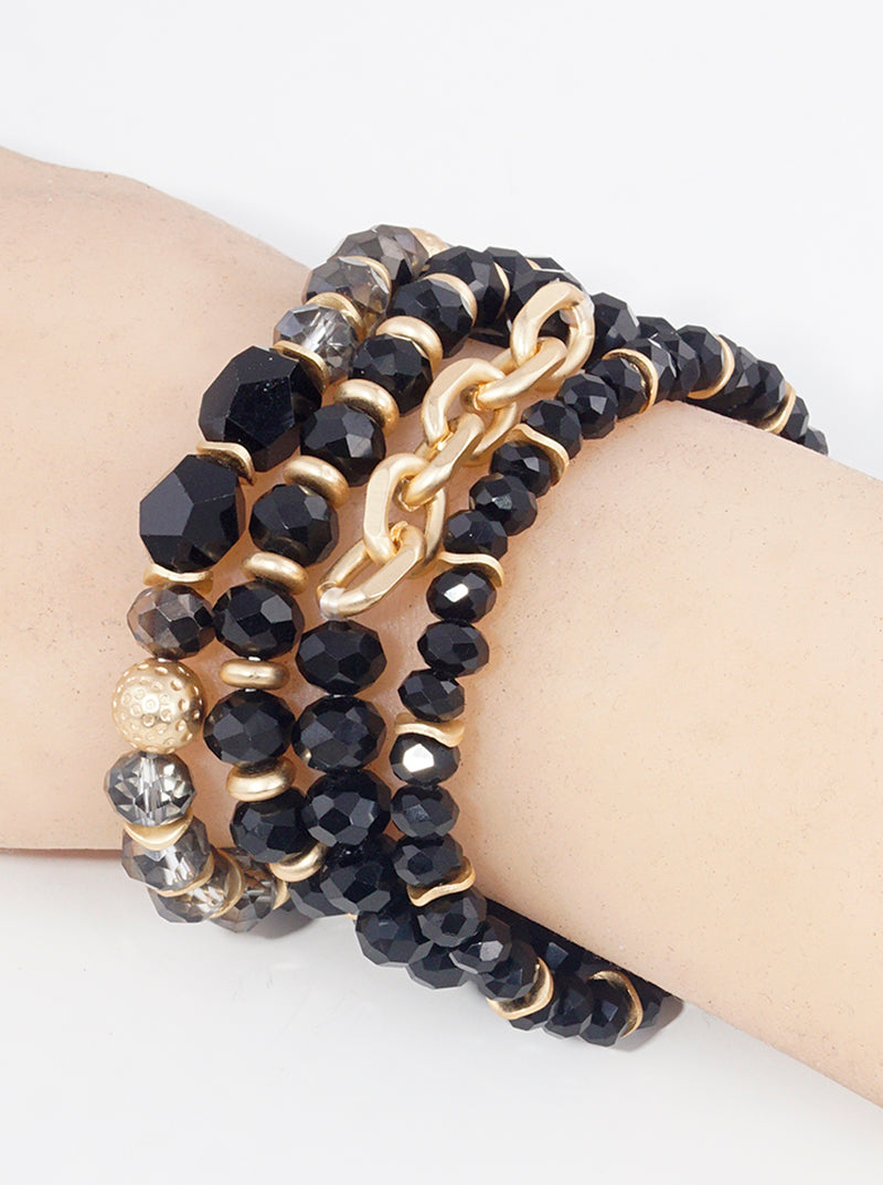 Set Of 4 Faceted Glass Beads Link Chain Stackable Stretch Bracelet