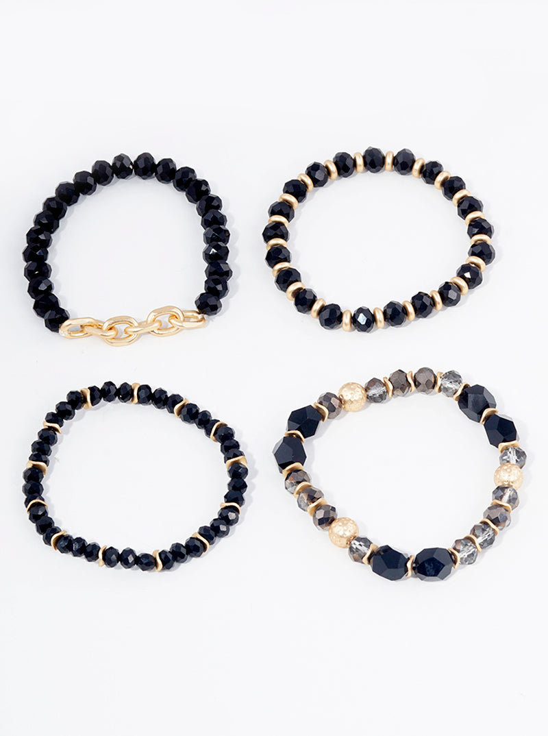 Set Of 4 Faceted Glass Beads Link Chain Stackable Stretch Bracelet