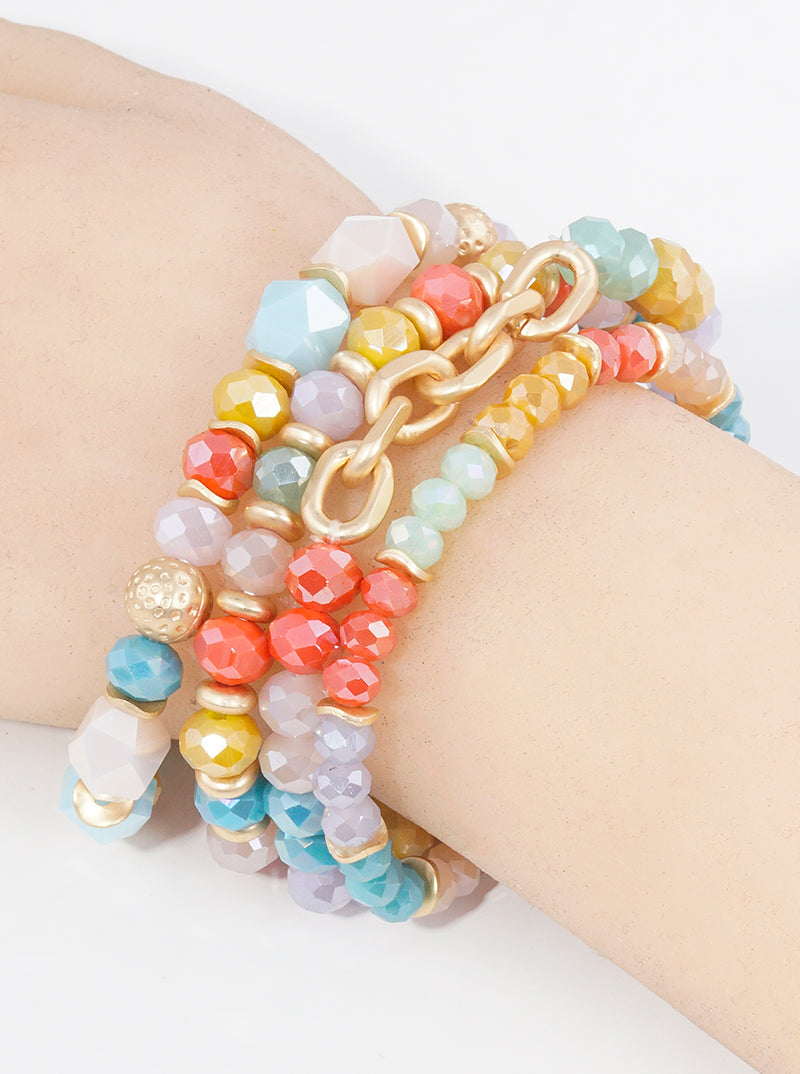 Set Of 4 Faceted Glass Beads Link Chain Stackable Stretch Bracelet