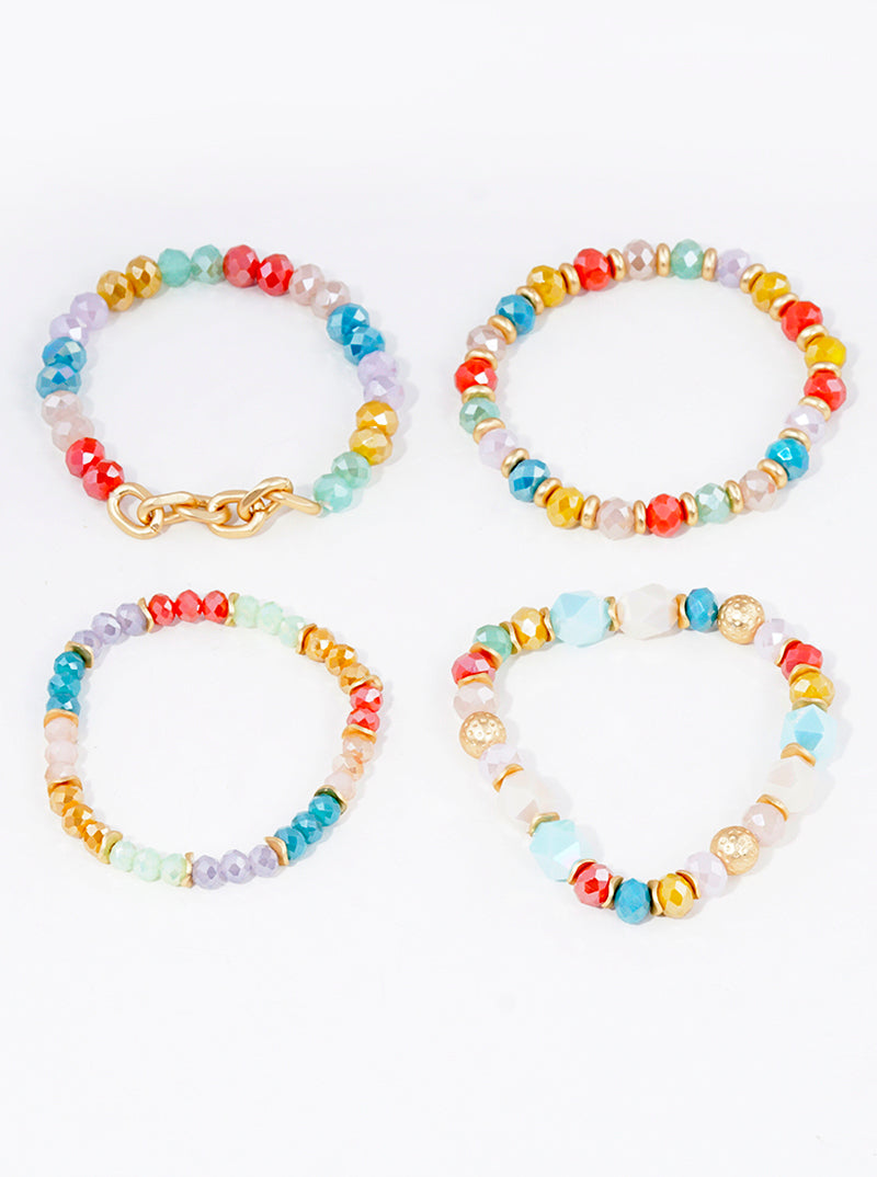 Set Of 4 Faceted Glass Beads Link Chain Stackable Stretch Bracelet
