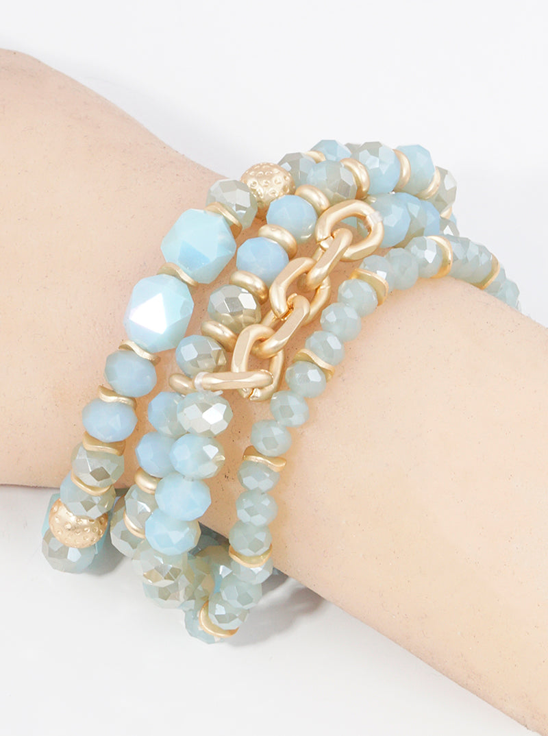 Set Of 4 Faceted Glass Beads Link Chain Stackable Stretch Bracelet