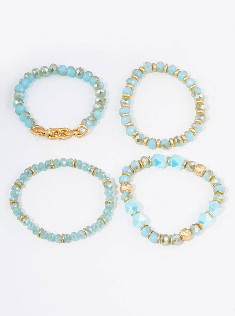 Set Of 4 Faceted Glass Beads Link Chain Stackable Stretch Bracelet