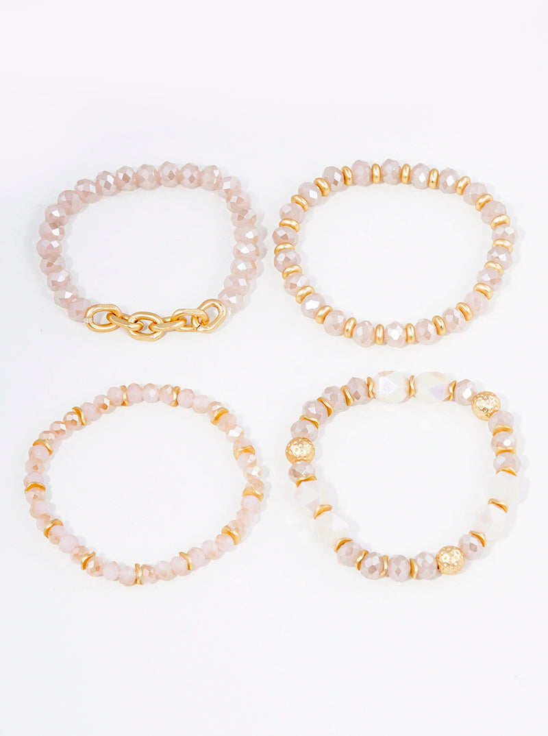 Set Of 4 Faceted Glass Beads Link Chain Stackable Stretch Bracelet