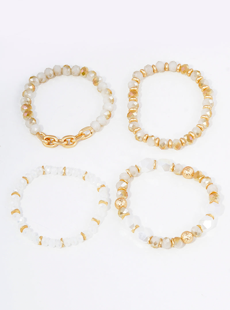 Set Of 4 Faceted Glass Beads Link Chain Stackable Stretch Bracelet