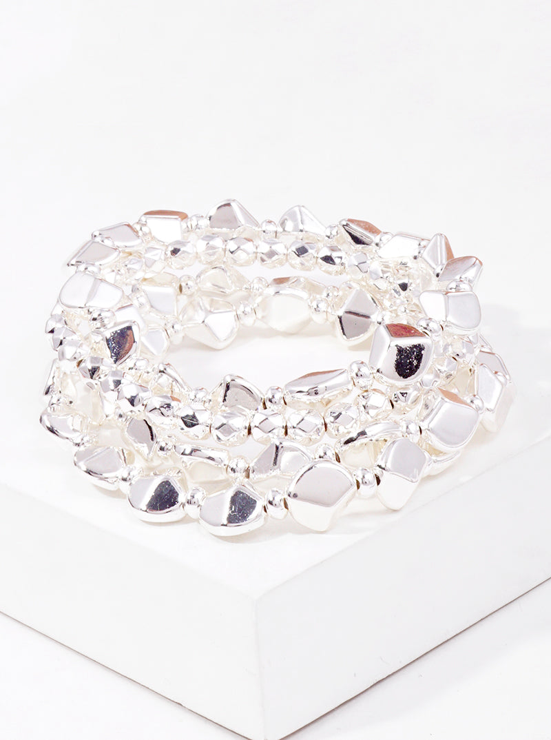 Set Of 4 Organic Shaped Metallic Bead Stacakable Stretch Bracelet