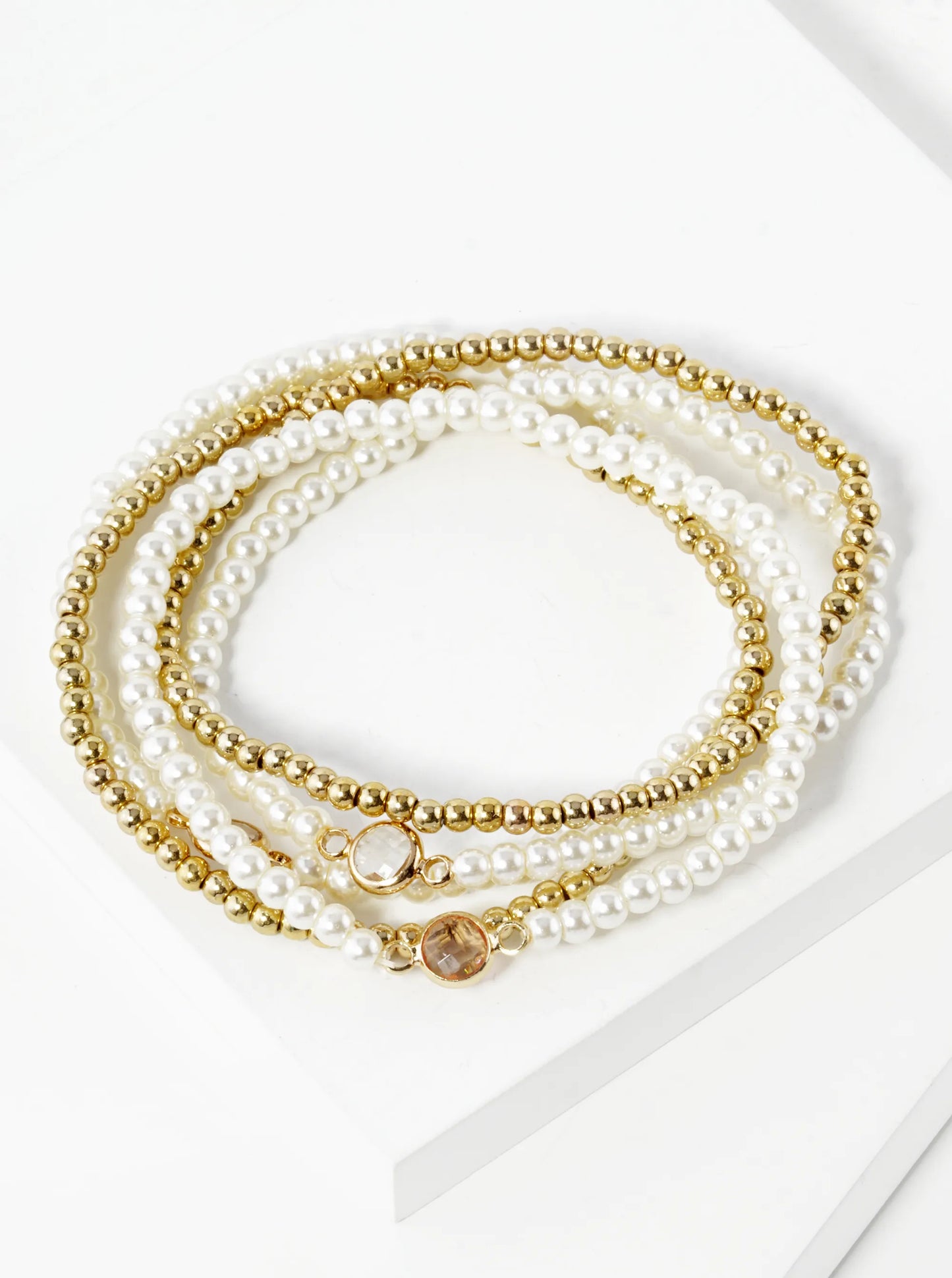 Set Of 5 3mm Pearl Beads 2mm Metallic Beads Stackable Stretch Bracelet