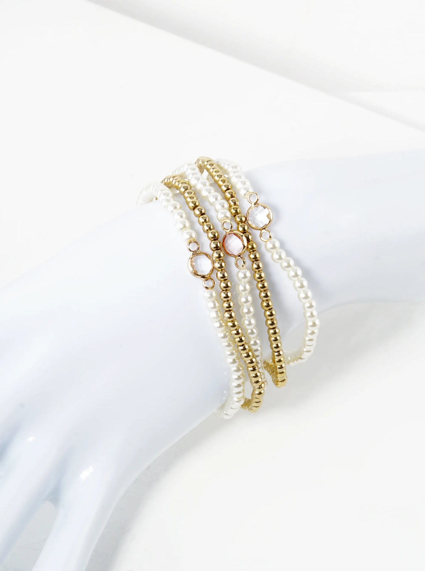 Set Of 5 3mm Pearl Beads 2mm Metallic Beads Stackable Stretch Bracelet