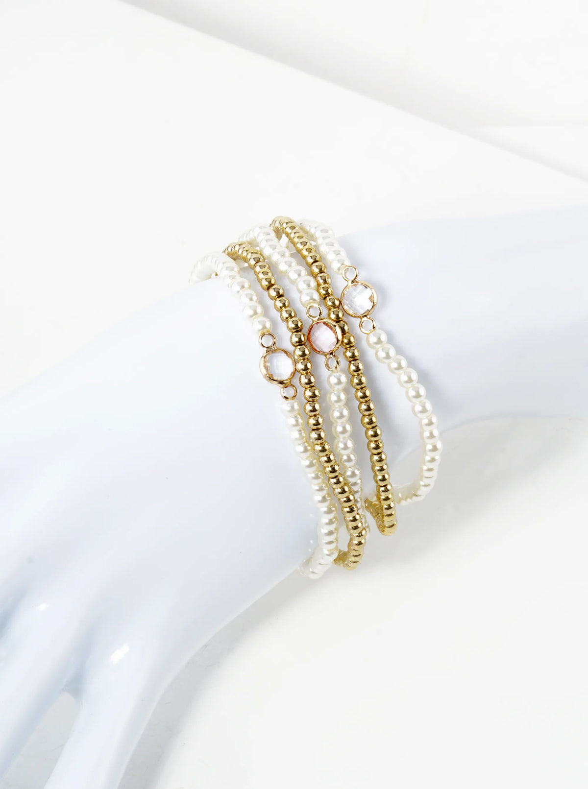 Set Of 5 3mm Pearl Beads 2mm Metallic Beads Stackable Stretch Bracelet