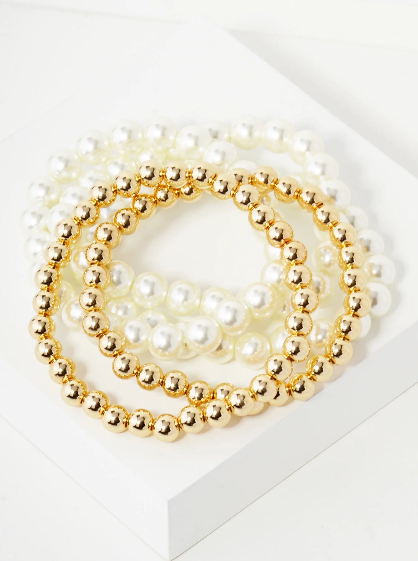 Set Of 5 5mm Metallic Beads 8mm Pearl Beaded Stackable Stretch Bracelet